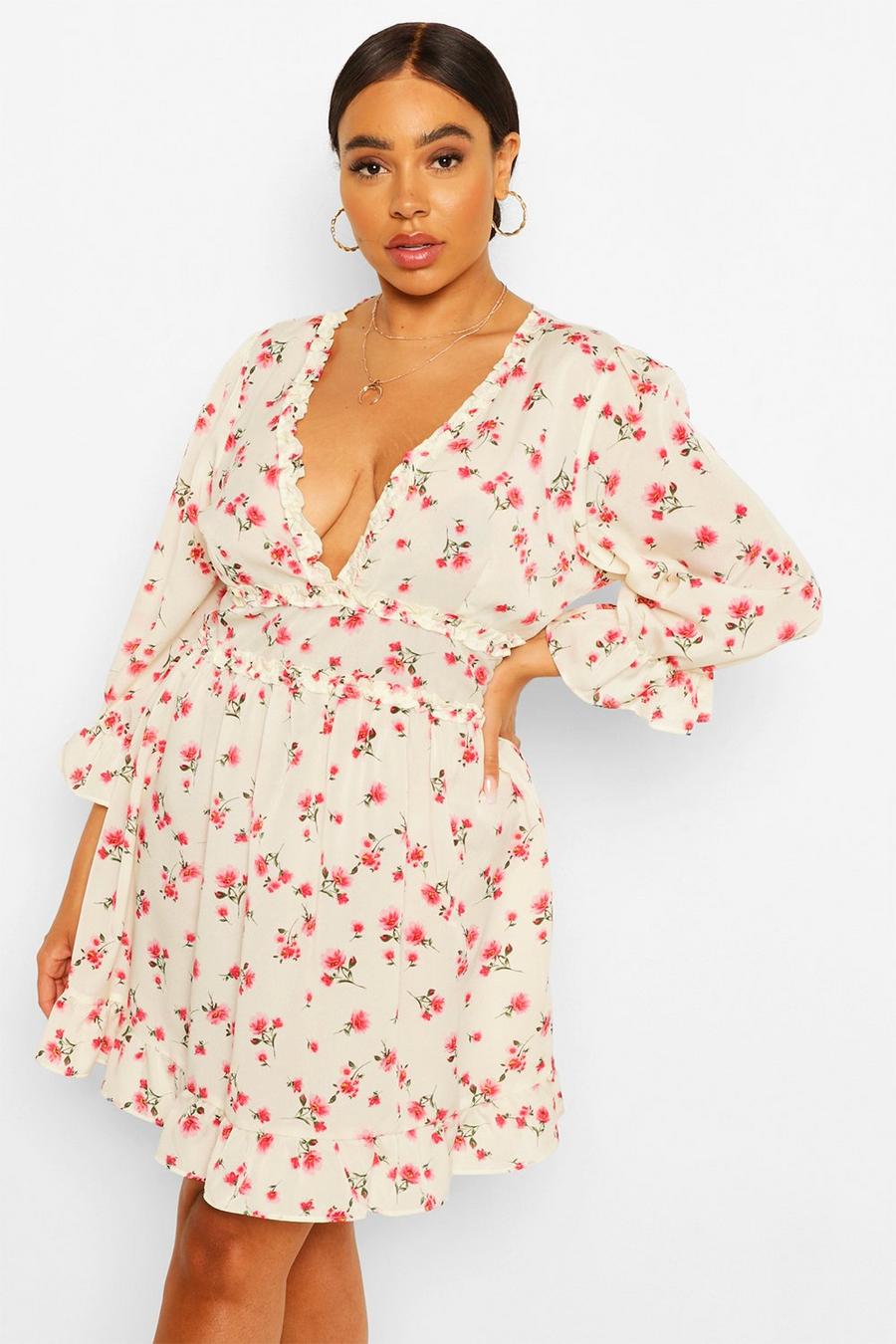 Cream Plus Floral Ruffle Smock Dress image number 1
