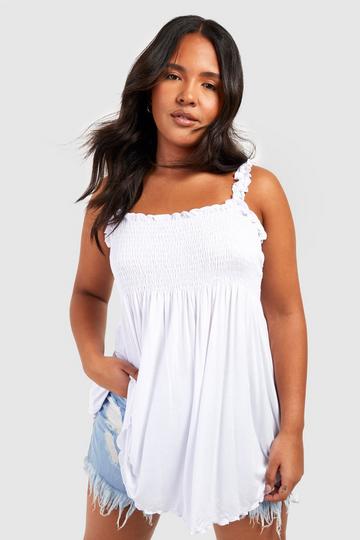 Plus Shirred Ruffle Strap Peplum Camisole ivory