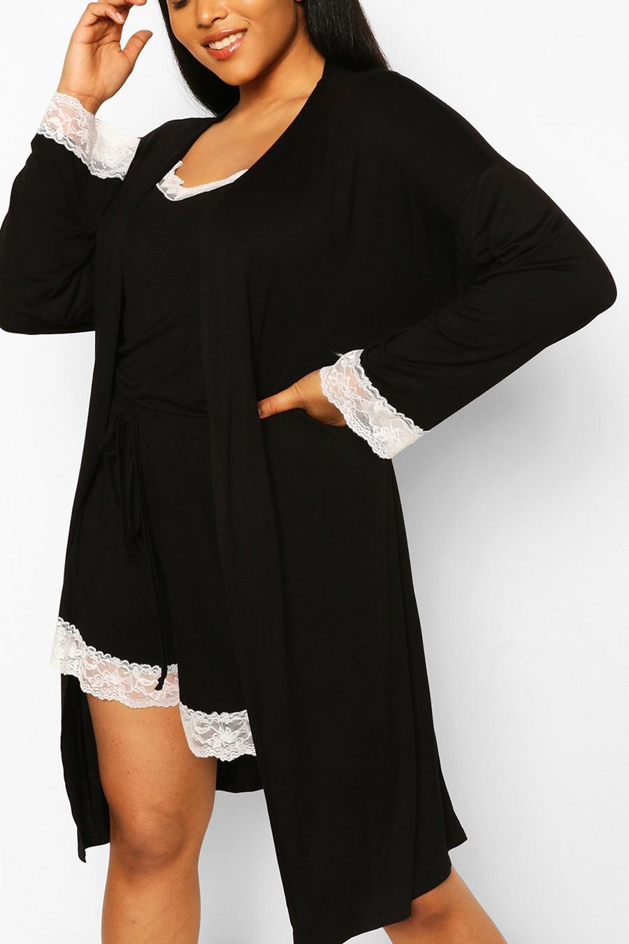 Black Plus Lace Trim Jersey Knit Robe image number 1