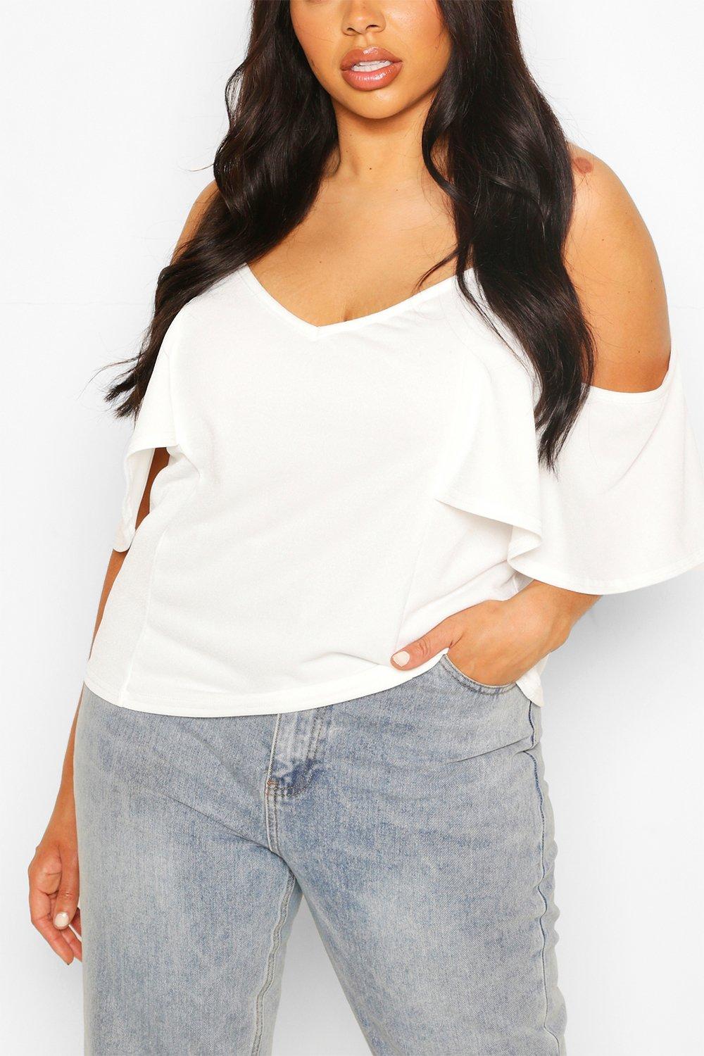 Plus size white cold shoulder tops sale