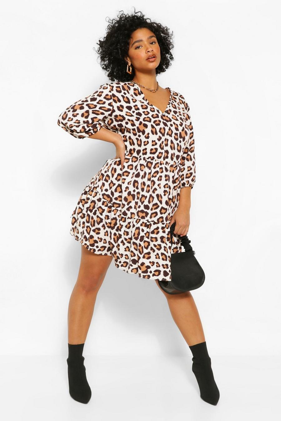 Vestido estilo blusón con volante de leopardo a capas Plus, Marrón image number 1