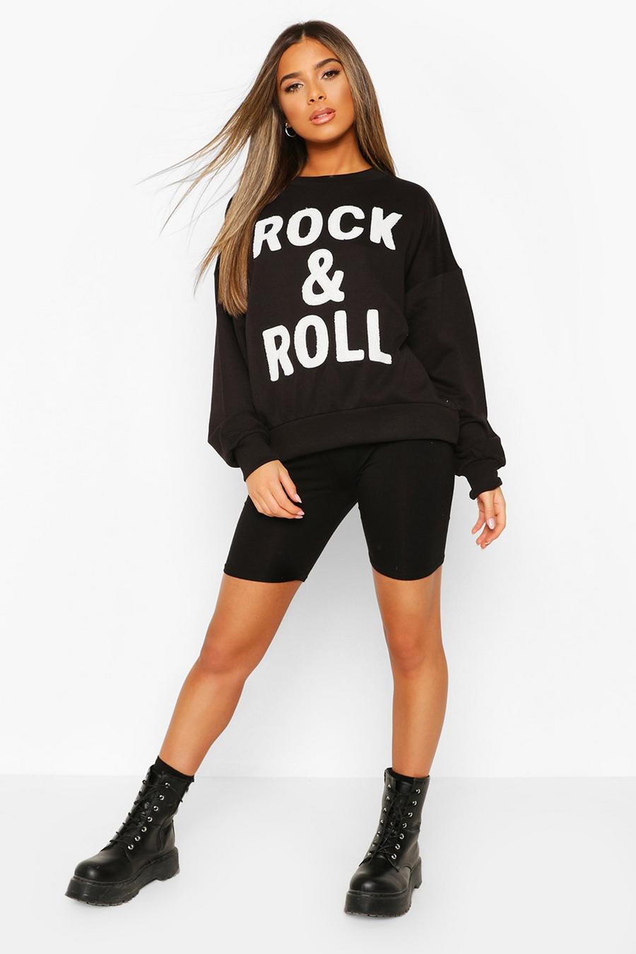 Black svart Petite Oversize 'Rock & Roll' Slogan Sweatshirt image number 1