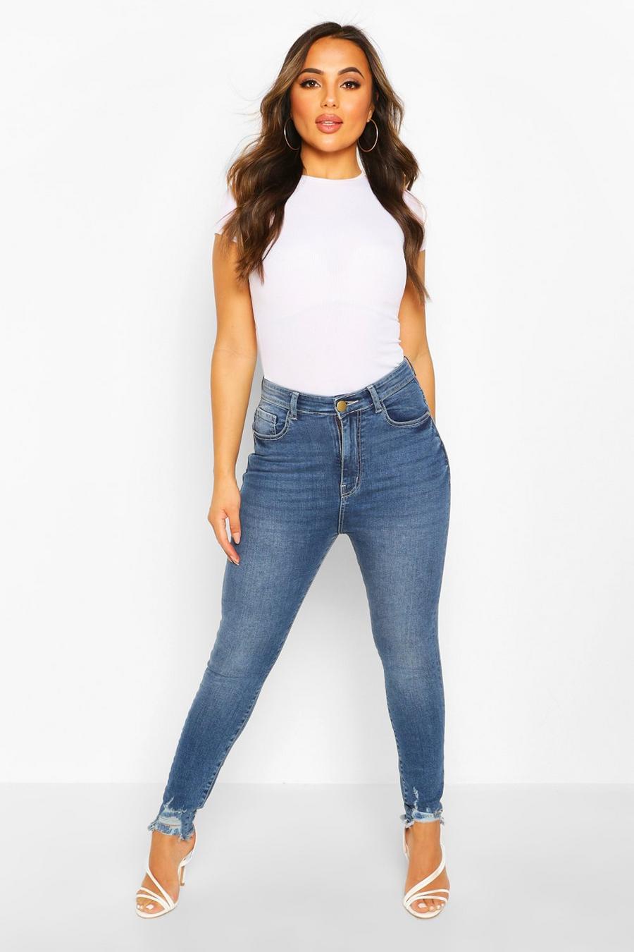 Mid blue Petite Frayed Hem Distressed Skinny Jeans image number 1