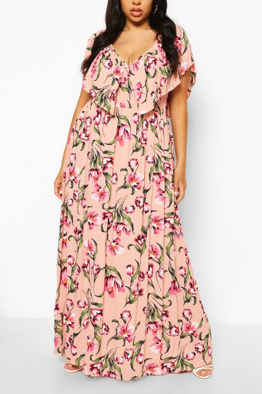 Plus Maxi-Kleid mit Rüschen und Blumenmuster, Rosa image number 1