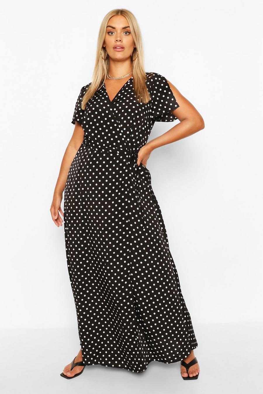 Black Plus Polka Dot Wrap Maxi Dress