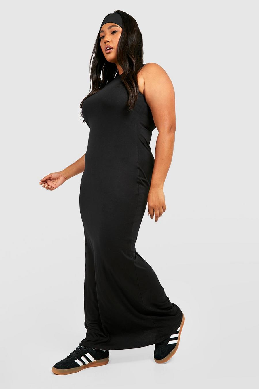 שחור שמלת מקסי מבד ג'רסי עם צווארון רייסר מידות גדולות image number 1