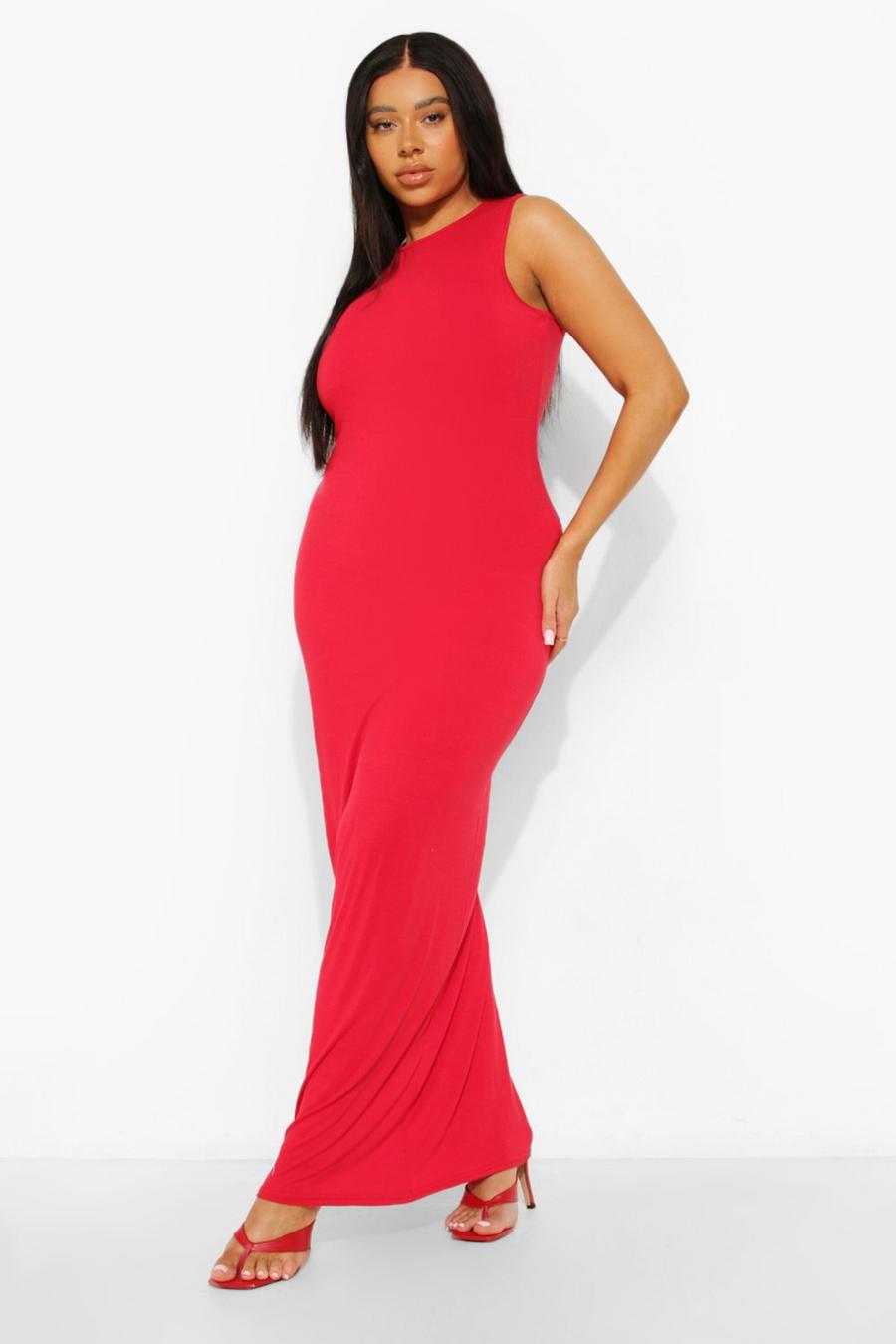 אדום rojo שמלת מקסי מבד ג'רסי עם צווארון רייסר מידות גדולות