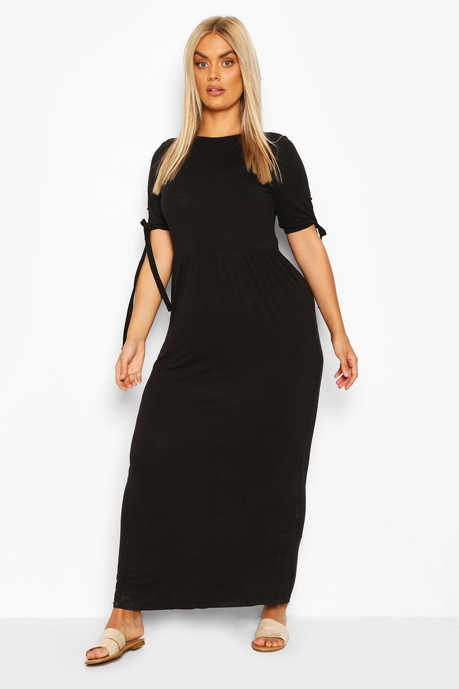 שחור שמלת מקסי מבד ג'רסי עם קשירה בשרוולים למידות גדולות image number 1