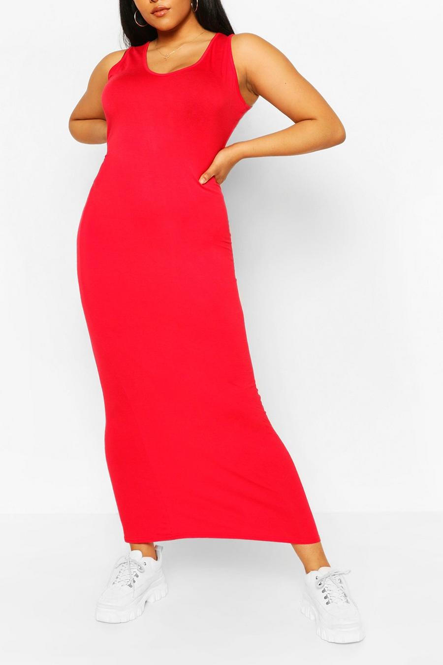 אדום שמלת מקסי מבד ג'רסי עם צווארון עגול מידות גדולות image number 1