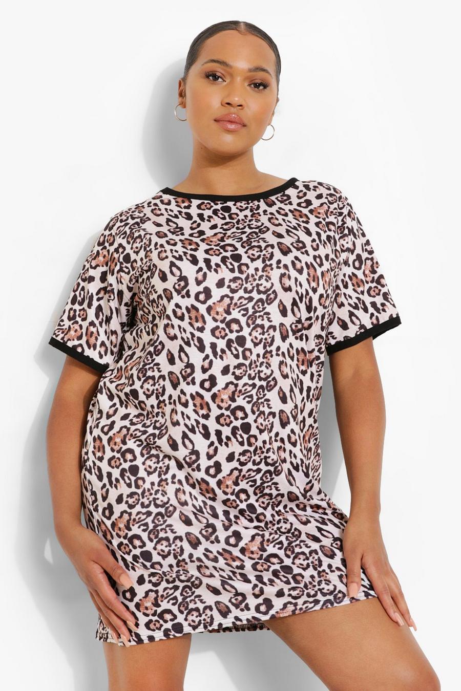 Brown Plus Leopardmönstrad t-shirtklänning med kantband image number 1