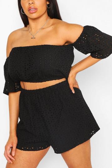 Plus Broderie Ruffle Sleeve Top & Shorts Co-Ord black