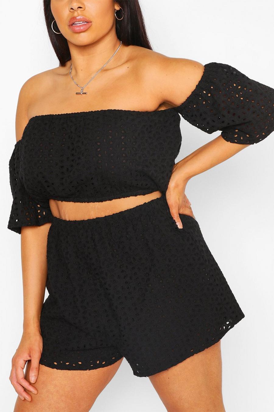 Black Plus Broderie Ruffle Sleeve Top & Shorts Co-Ord image number 1