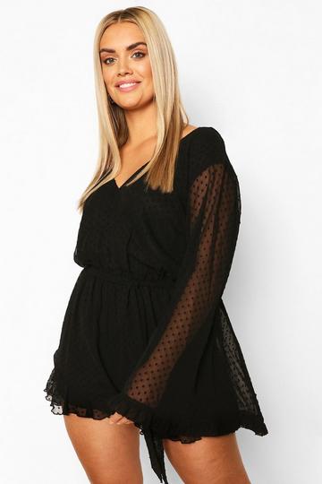 Plus Dobby Mesh Flare Sleeve Playsuit black