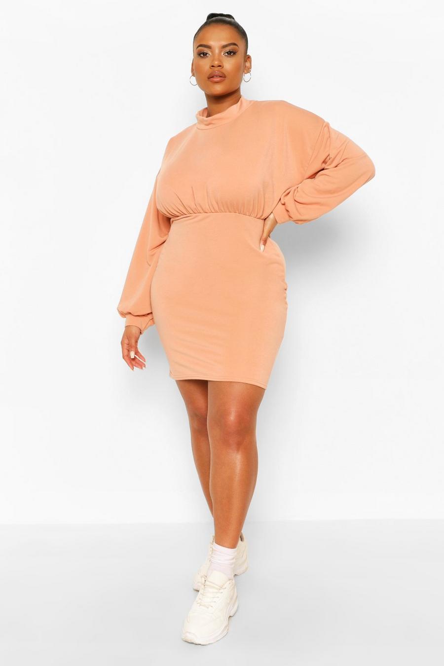 Coral pink Plus High Neck Puff Sleeve Sweat Dress image number 1