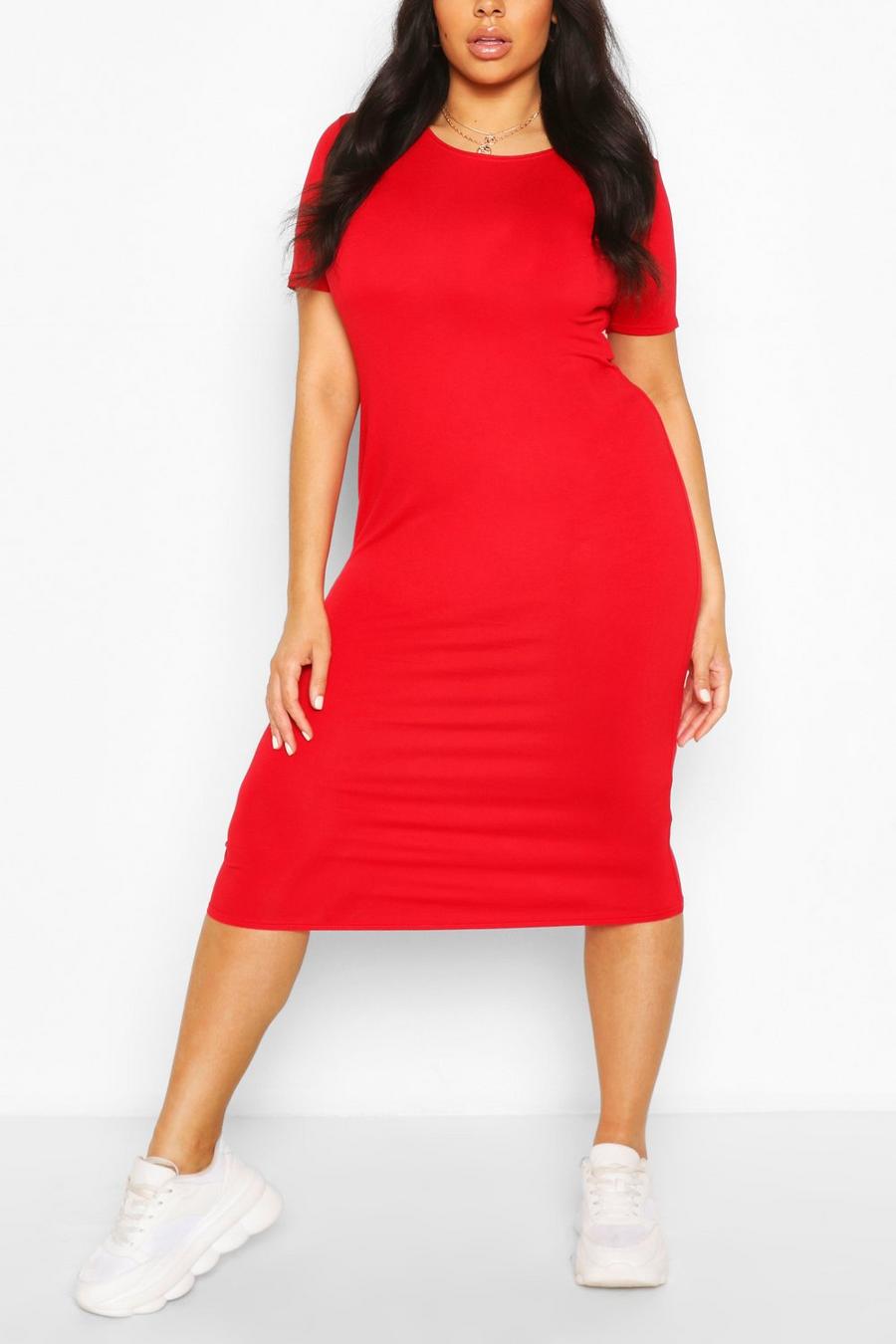 Red Plus Cap Sleeve Jersey Midi Dress image number 1