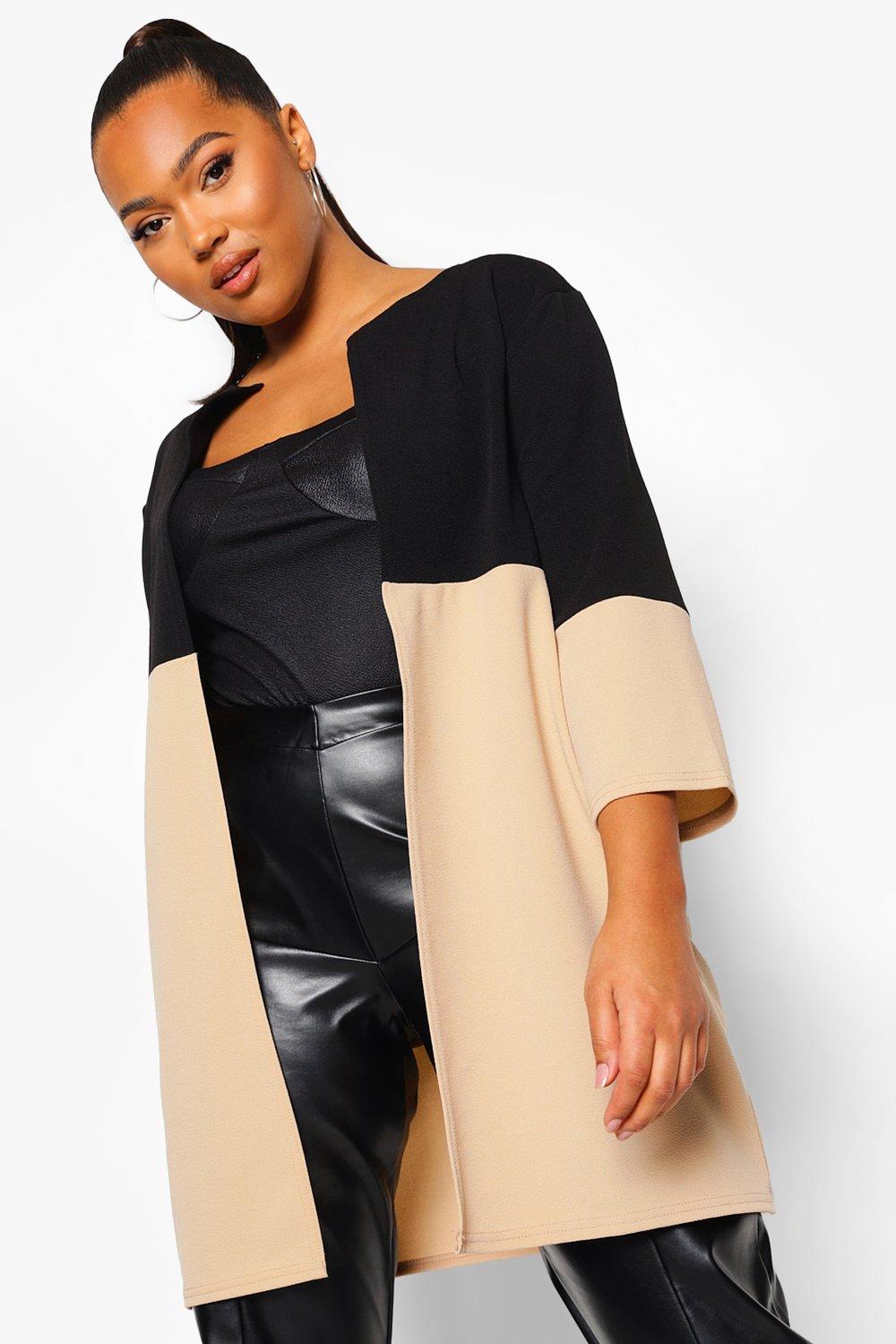 Plus Color Block 3 Quarter Sleeve Duster Coat