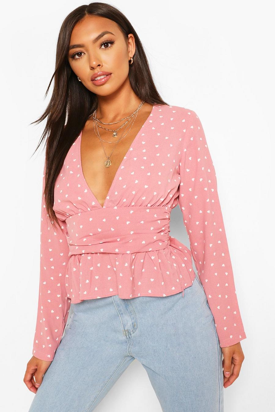 Pink Petite Heart Print Ruched Detail Top image number 1