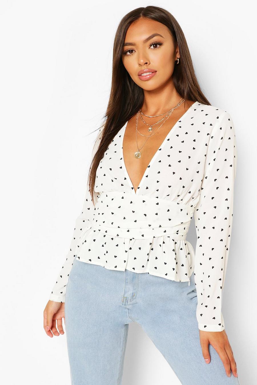 White Petite Heart Print Ruched Detail Top image number 1
