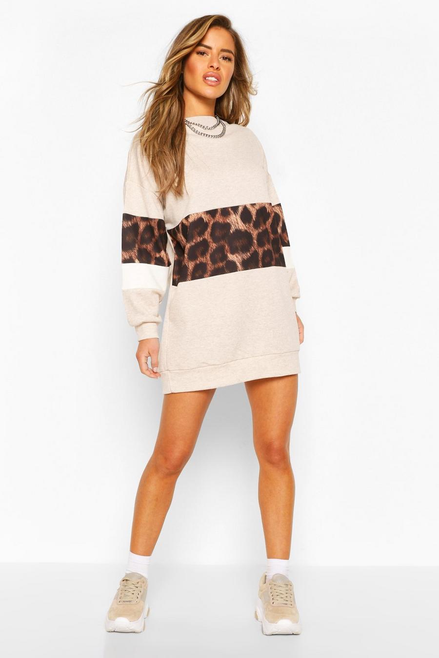 Petite - Sweatshirtklänning med leopardmönstrad panel image number 1