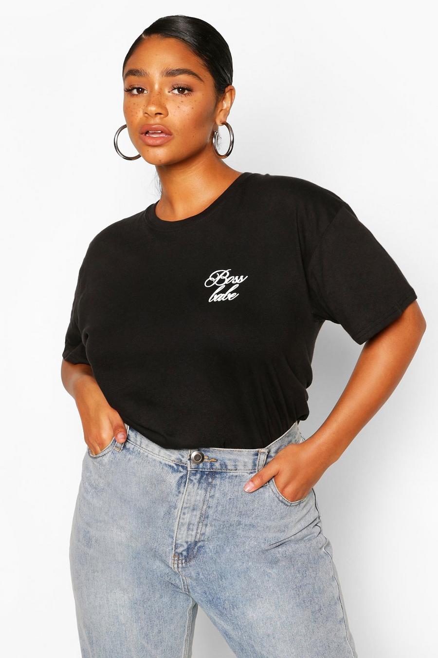 Camiseta con bolsillo y eslogan “Boss Babe” Plus, Negro image number 1