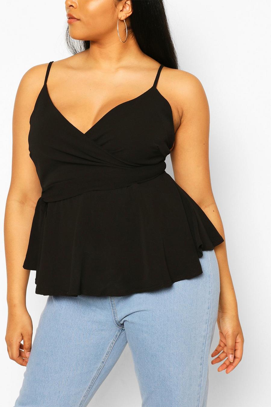 Black Plus Tie Front Peplum Camisole image number 1