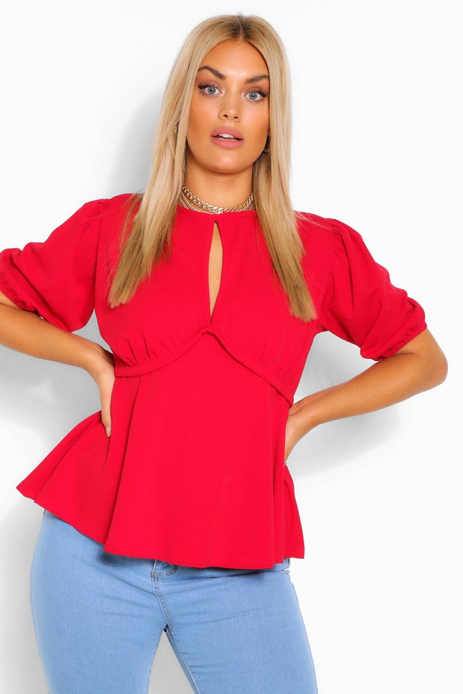 Red rot Plus Keyhole Puff Sleeve Peplum Top image number 1