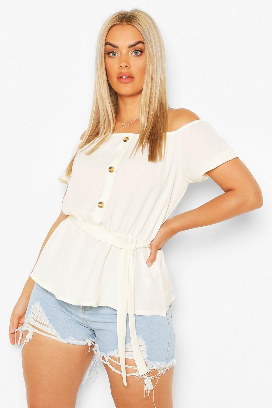 Plus Button Through Off The Shoulder Belted Peplum Top image number 1