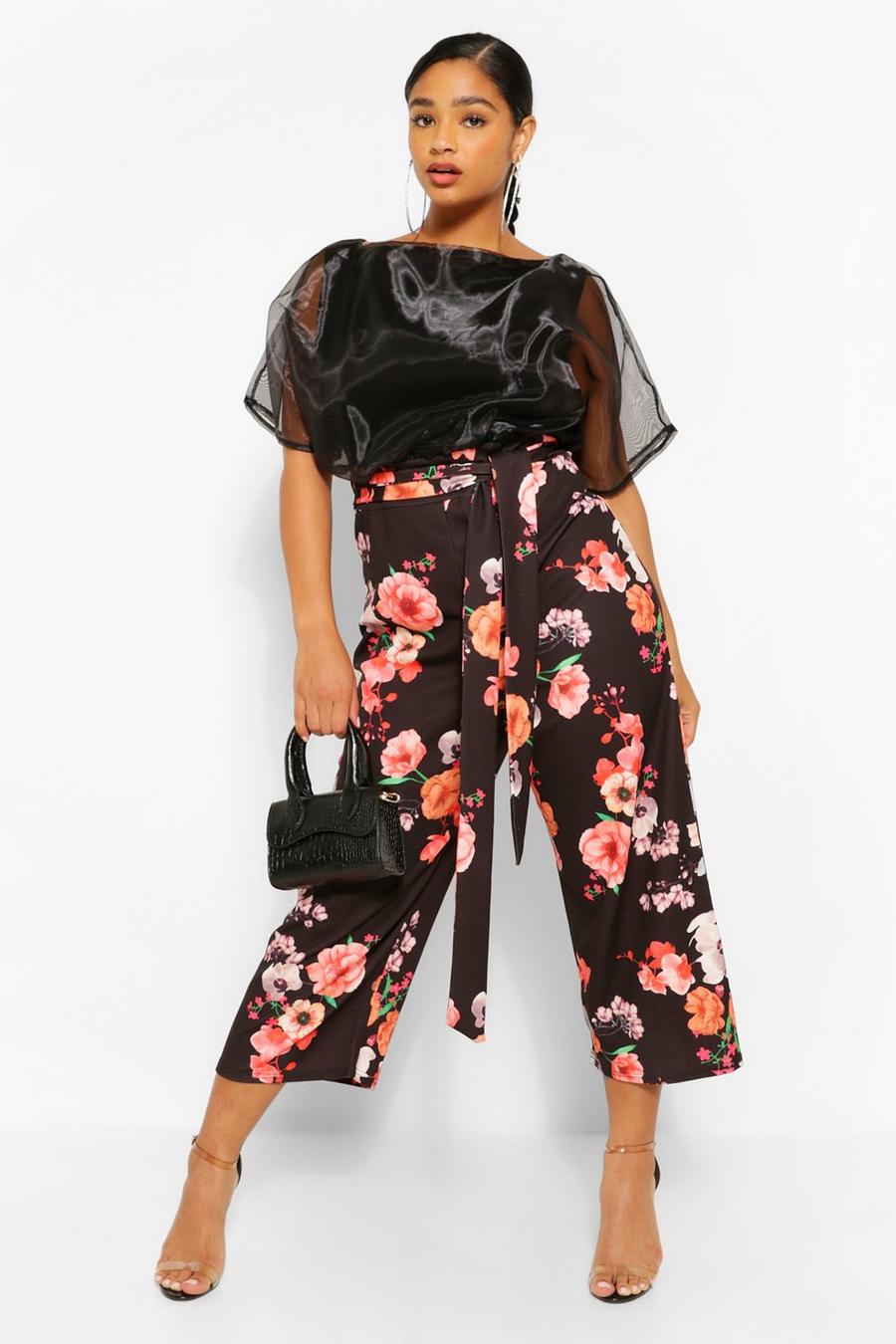 Grande taille - Combinaison jupe-culotte en organza à imprimé fleuri, Noir image number 1