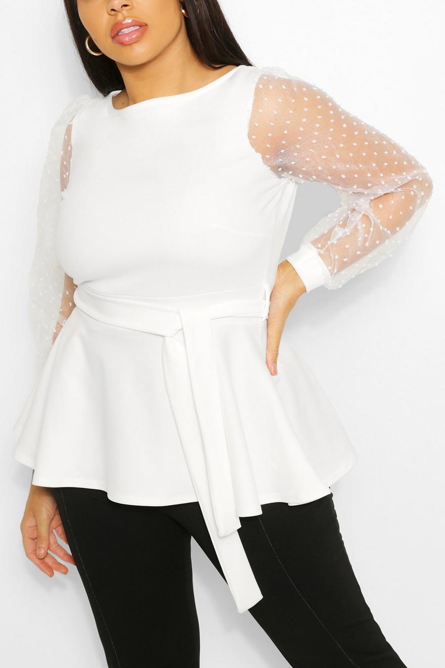 Plus Dobby Mesh Belted Peplum Top image number 1