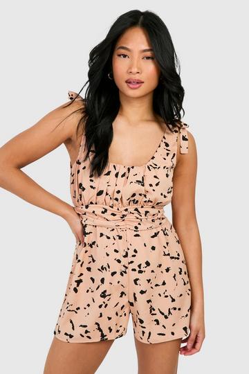 Petite Tie Strap Smudge Print Playsuit nude