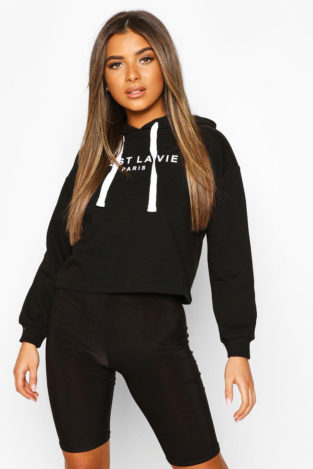 cropped slogan hoodie