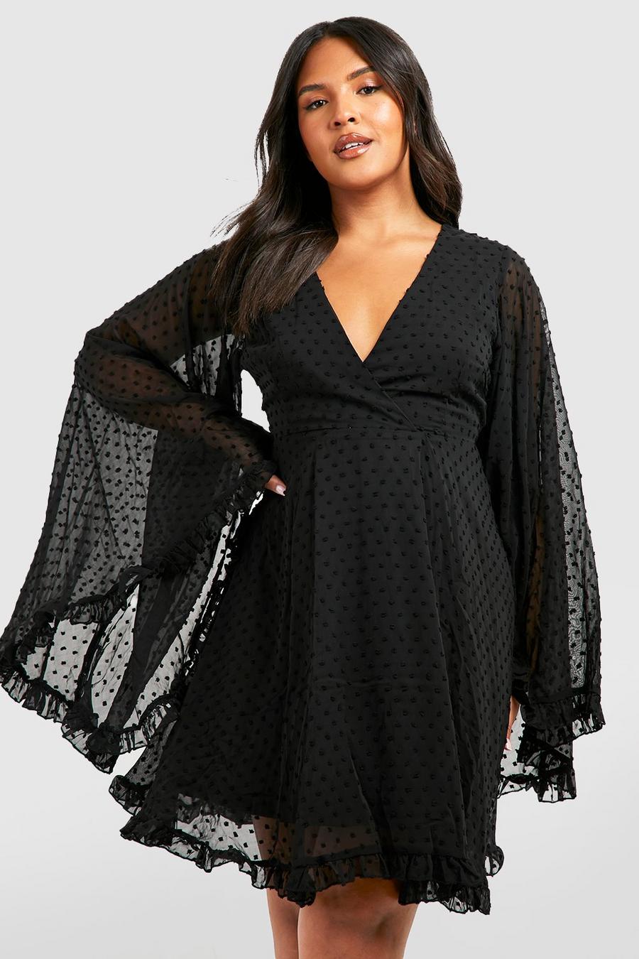 Black שמלת סקייטר מבד שיפון דובי עם שרוול רחב מידות גדולות  image number 1