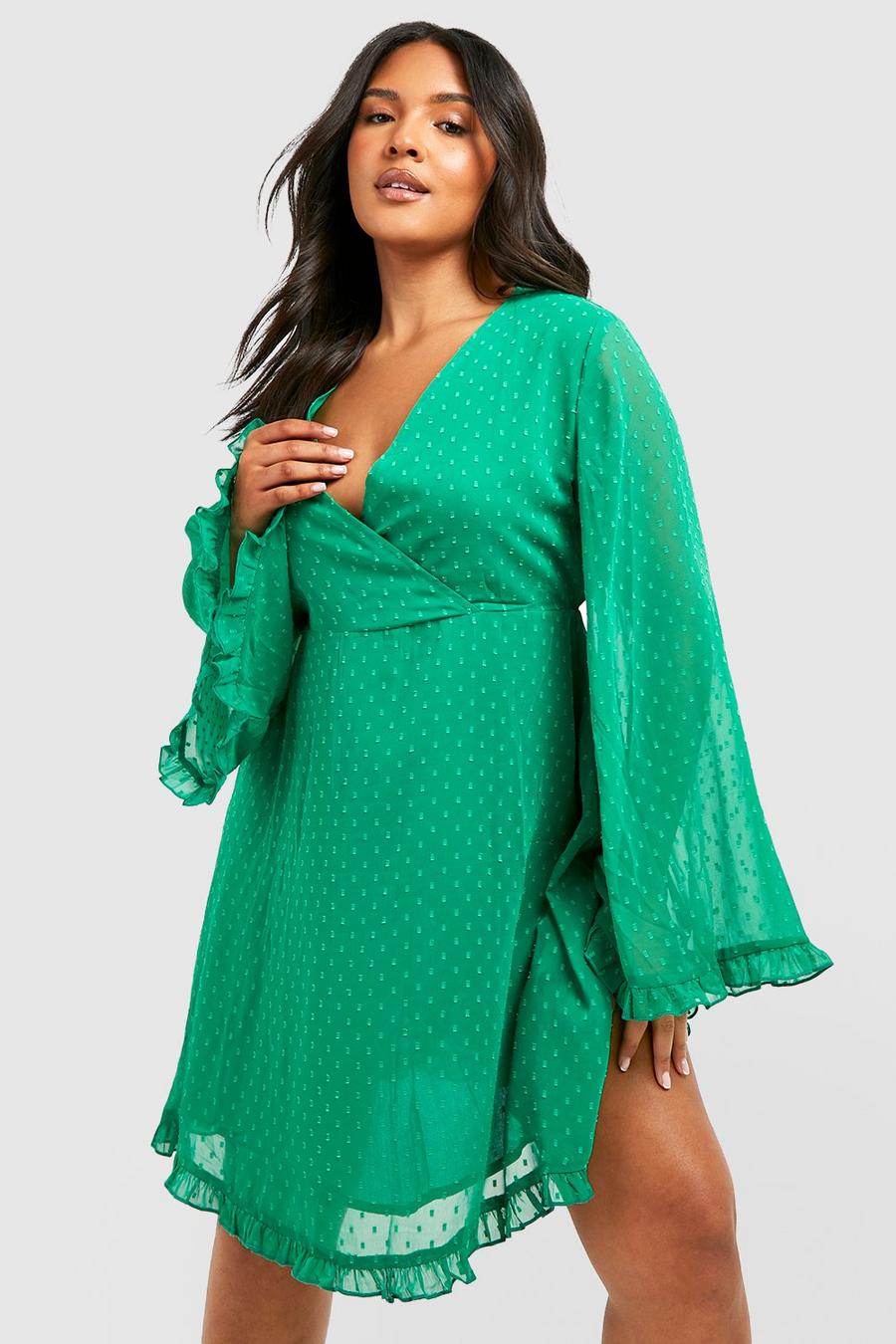 Emerald verde שמלת סקייטר מבד שיפון דובי עם שרוול רחב מידות גדולות  image number 1
