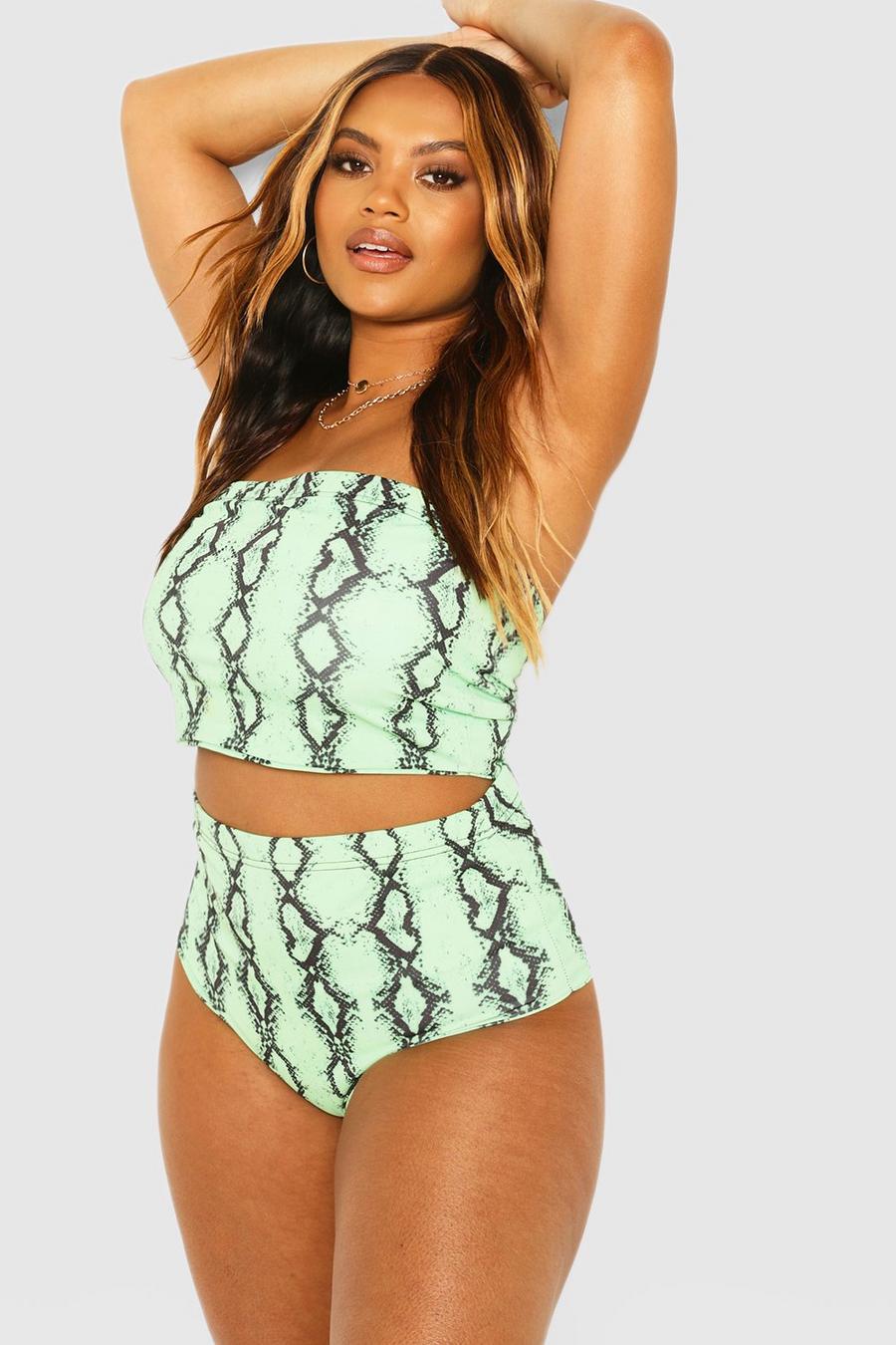Slip bikini Plus Size a vita alta effetto pelle di serpente in colori fluo, Lime