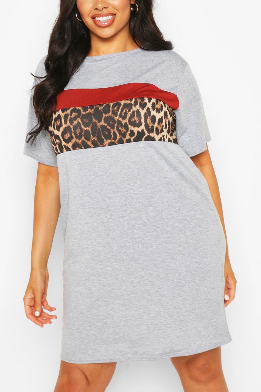 Plus Colorblock T-Shirt-Kleid mit Animalprint, Grey image number 1