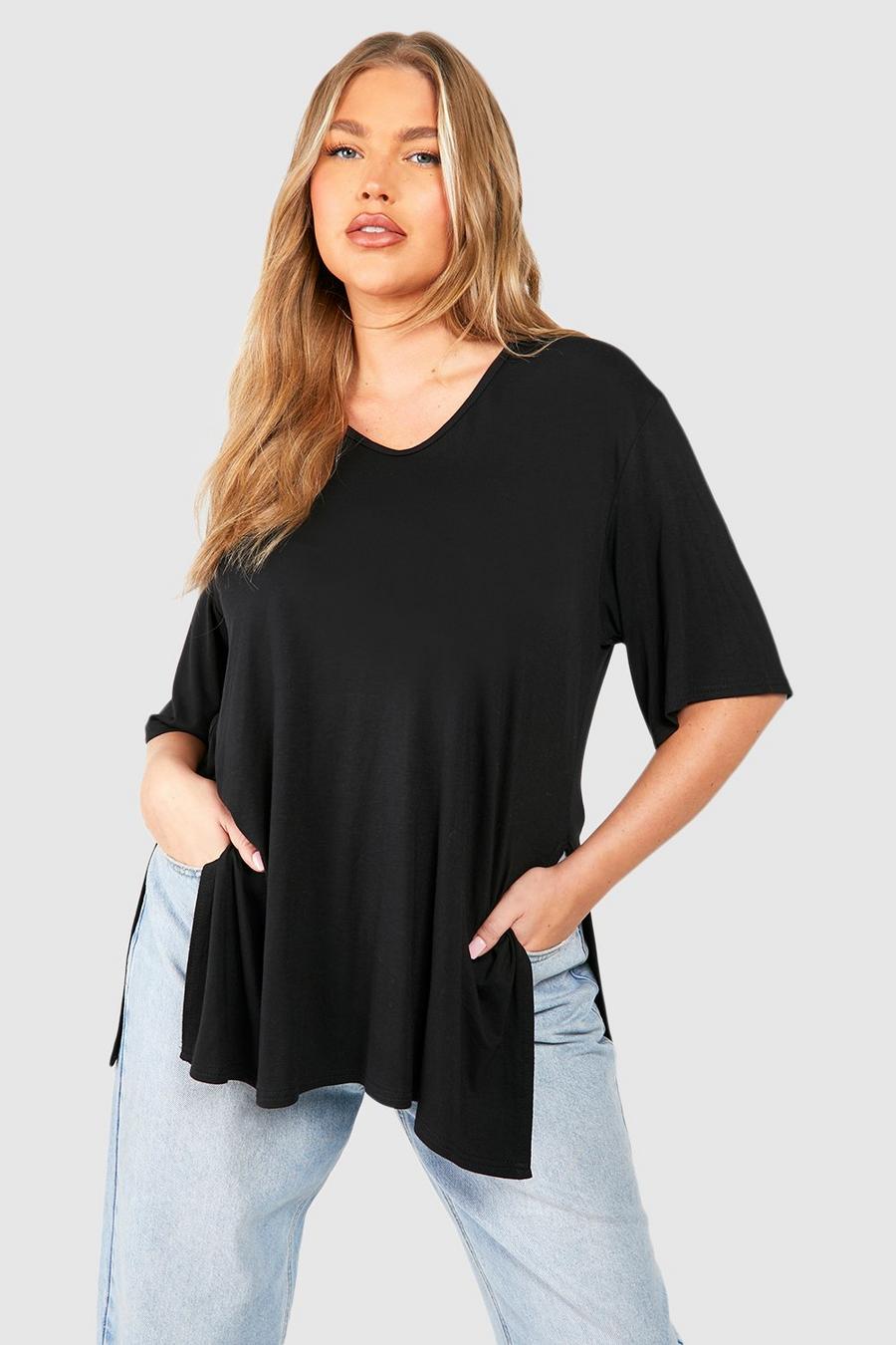 Black schwarz Plus V Neck Split Side Longline T-Shirt