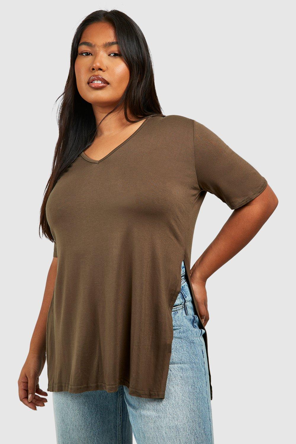 plus size long v neck t shirts