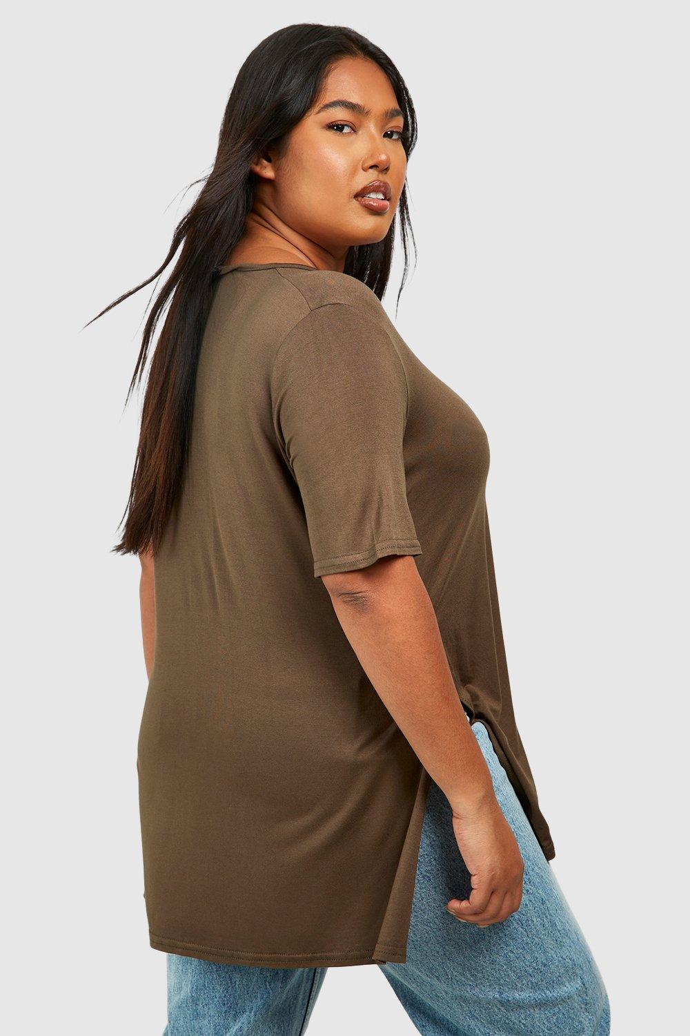 Grande taille T shirt coupe longue col en V fendu sur les