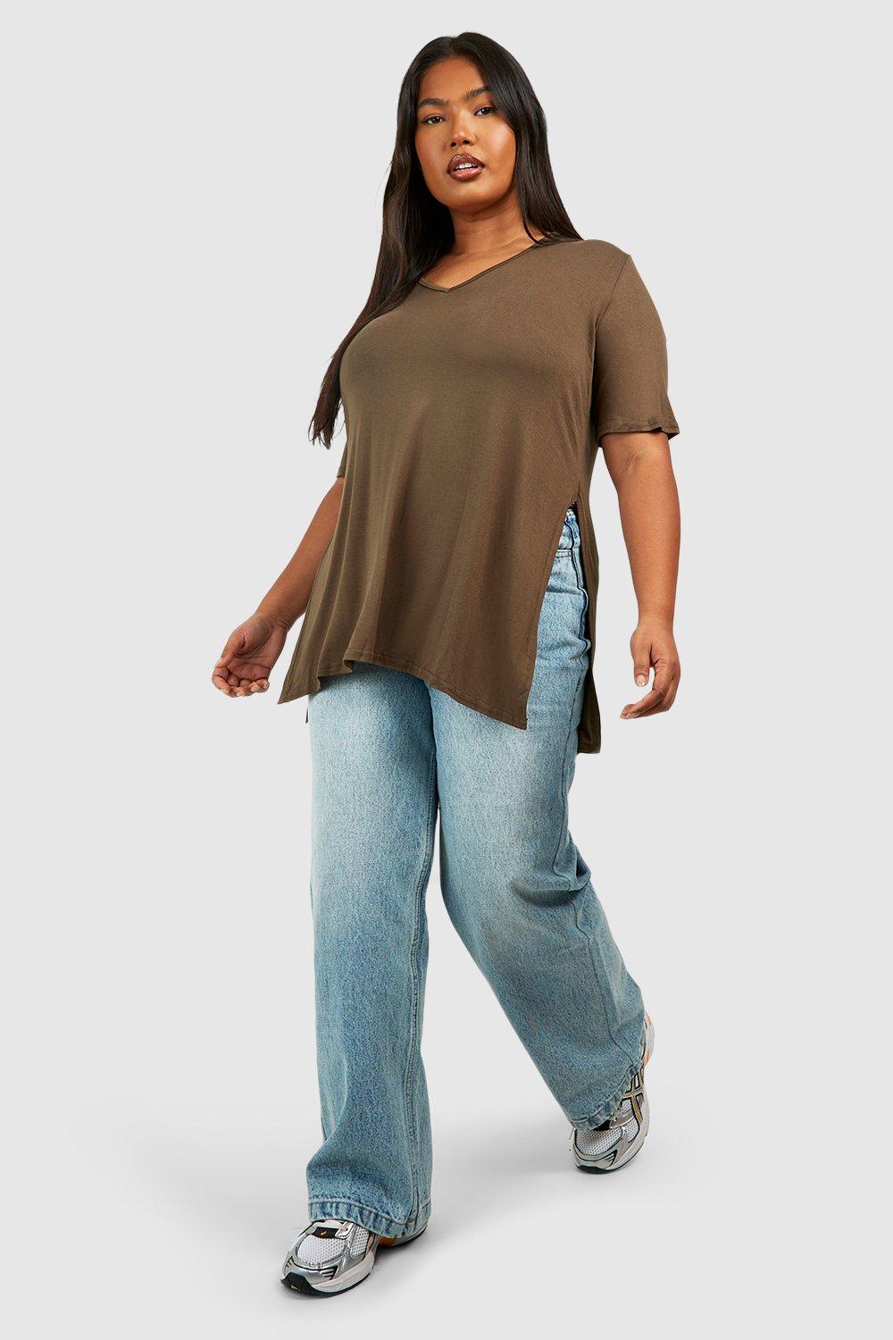 Plus V Neck Split Side Longline T Shirt boohoo