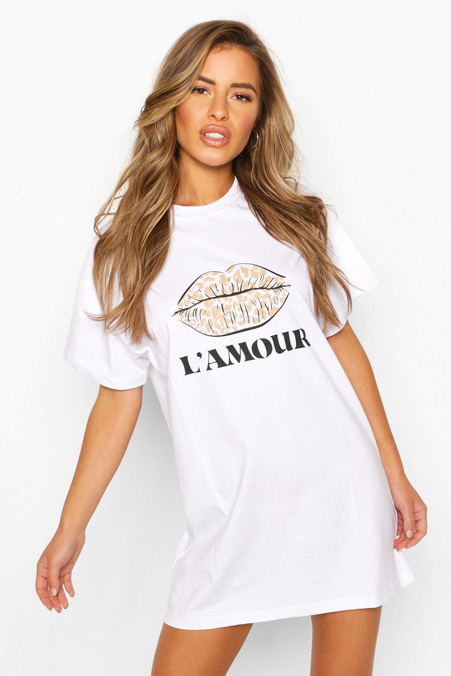 White Petite Leopard Lips Slogan T-Shirt Dress image number 1