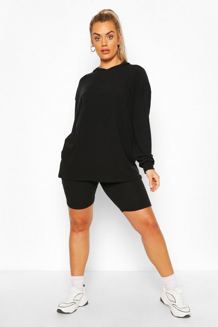 Black Plus Soft Rib Hoody & Cycle Short Co-ord image number 1