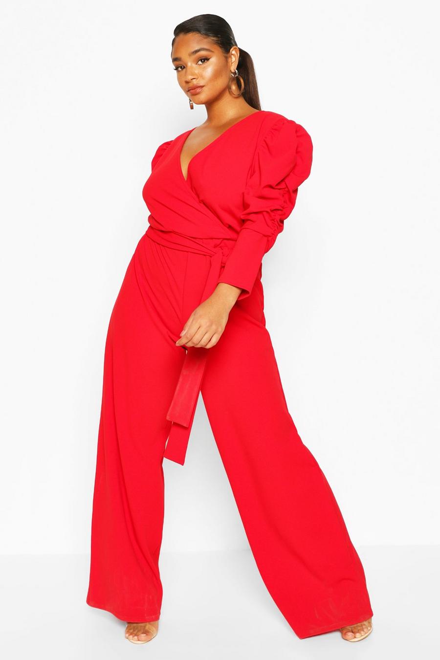 Plus Ruched Puff Sleeve Wrap Belted Jumpsuit image number 1