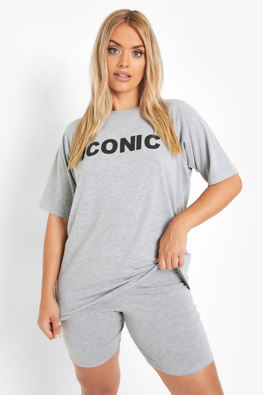 Plus T-Shirt und Shorts mit Iconic-Slogan, Grau image number 1