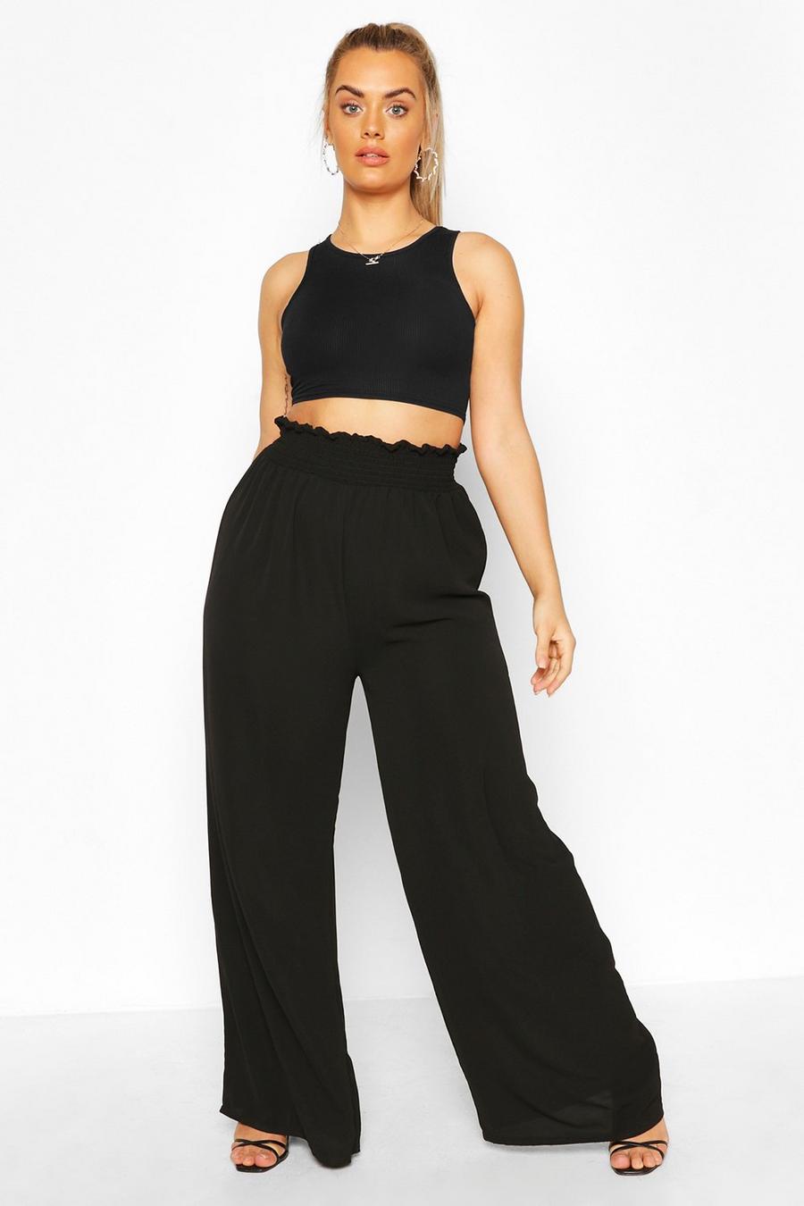 Black Plus Woven Shirred Waist Wide Leg Trousers image number 1