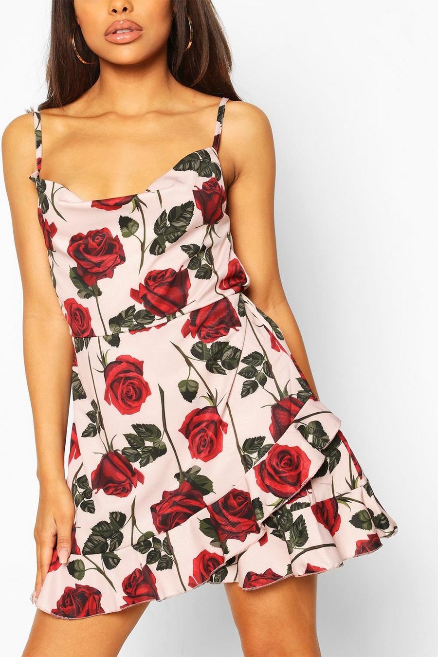 ורוד שמלת מיני מסאטן עם הדפס ורדים, צווארון נשפך וסלסולים, פטיט image number 1