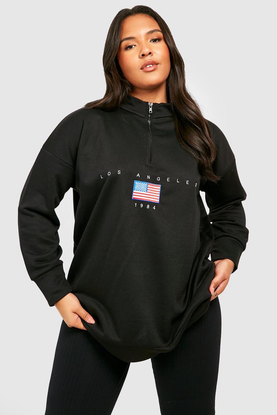 Black noir Plus Los Angeles Slogan Embroidered Zip Neck Oversized Sweatshirt