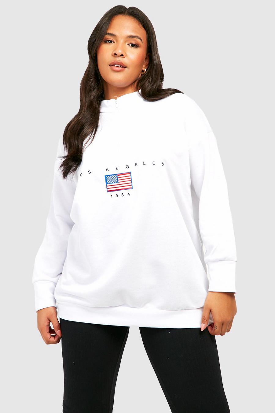 White weiß Plus Los Angeles Slogan Embroidered Zip Neck Oversized Sweatshirt