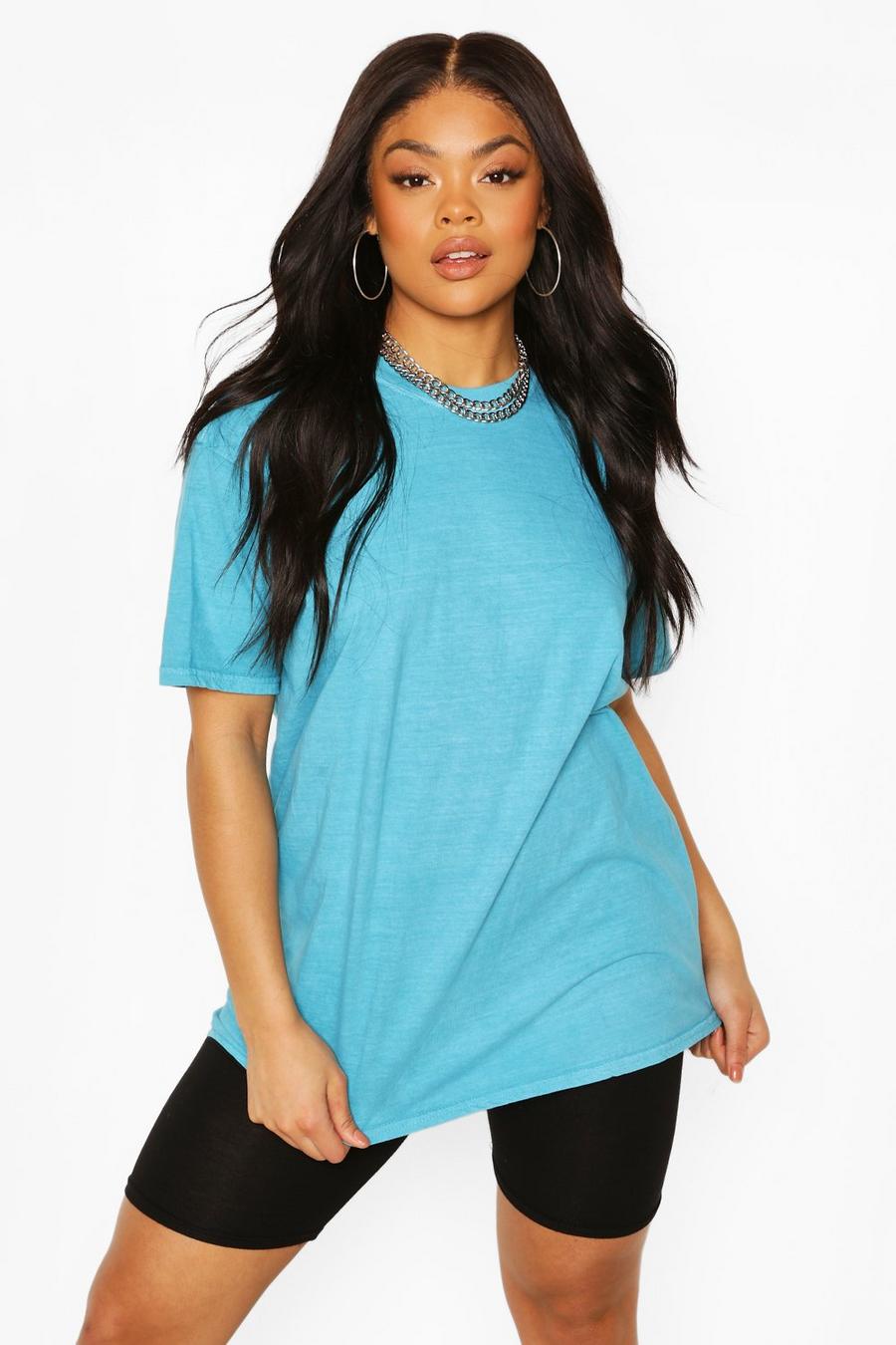 T-shirt Plus Size oversize slavata, Turchese azzurro