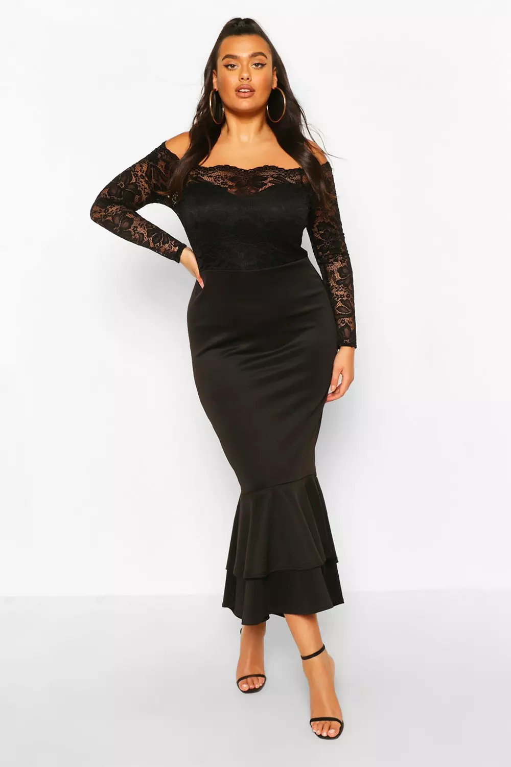 Black lace bardot dress hotsell