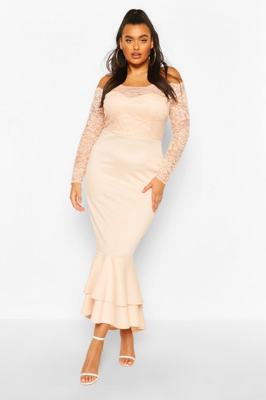 Blush Plus Lace Off The Shoulder Fishtail Maxi Dress image number 1